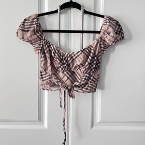Tiger Mist Tie Front Ruched Plaid Crop Top